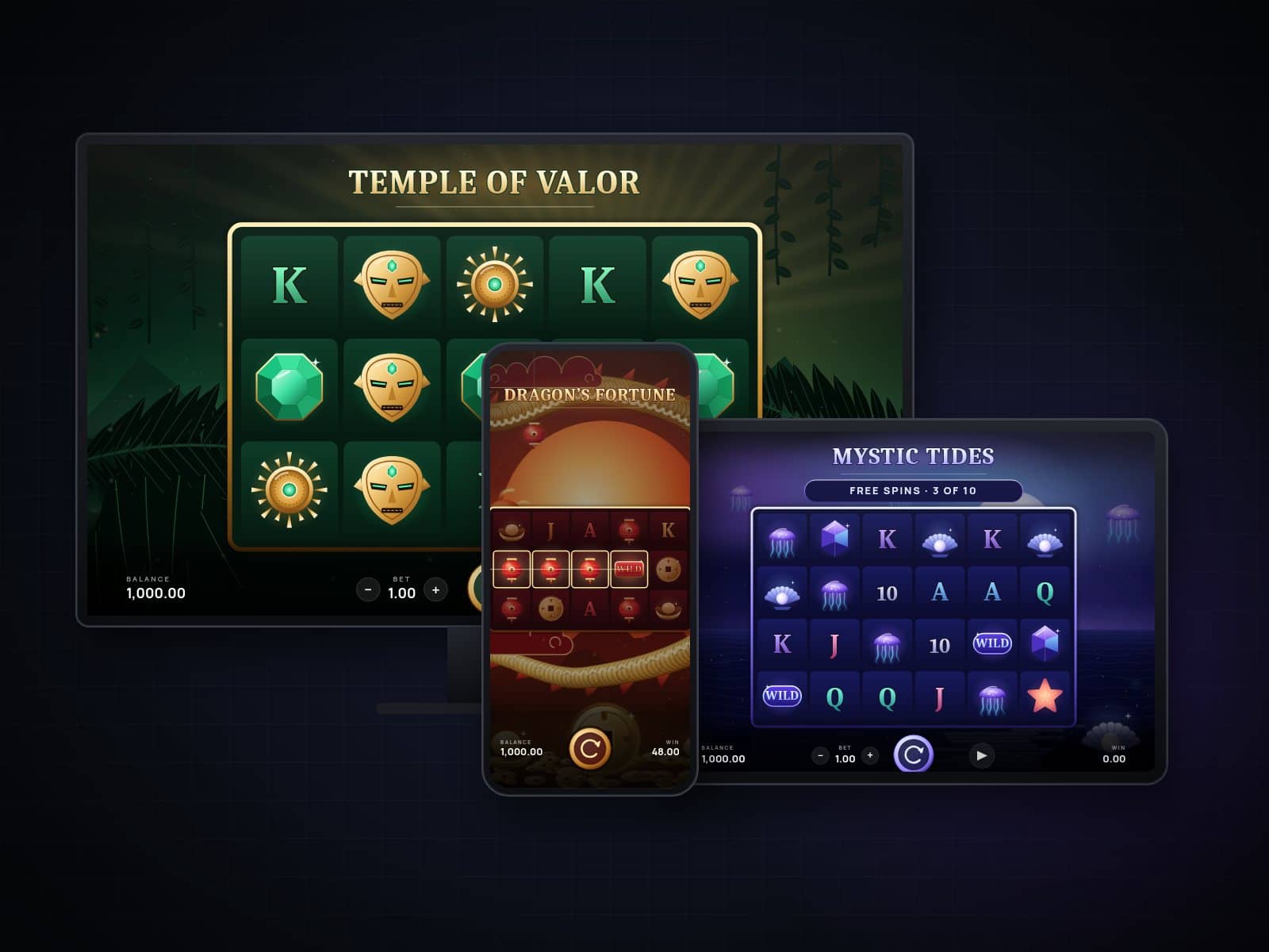 The same games running on a desktop monitor, a tablet and a phone.
