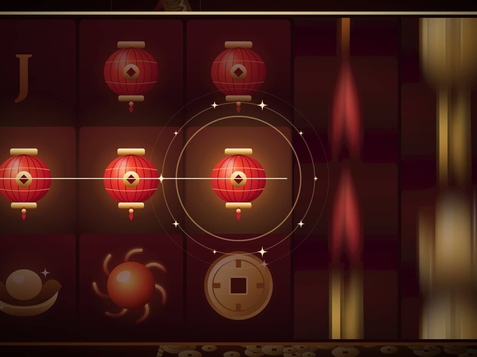 Reels mid-spin: three lanterns have landed on a glowing win line while the last two reels still blur.