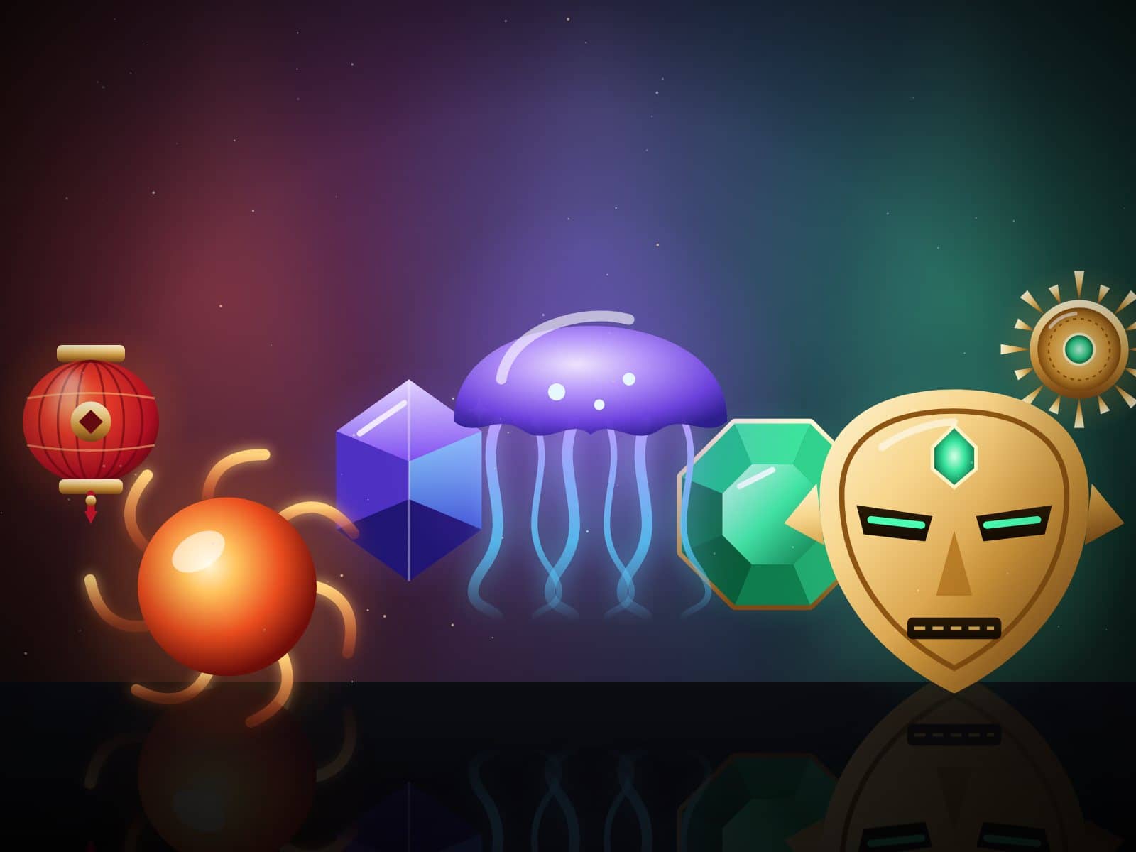 A lineup of hero symbols from three worlds: a red lantern and dragon pearl, a violet jellyfish and crystal, a golden idol and emerald.