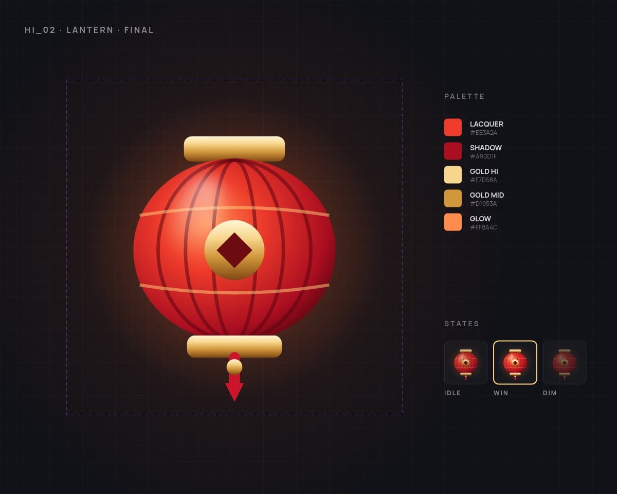 The finished lantern symbol with its palette swatches and idle, win and dim states.