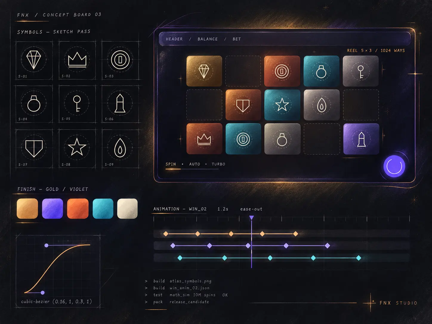A concept board with symbol sketches, an in-game reel layout, a palette and animation timing curves.