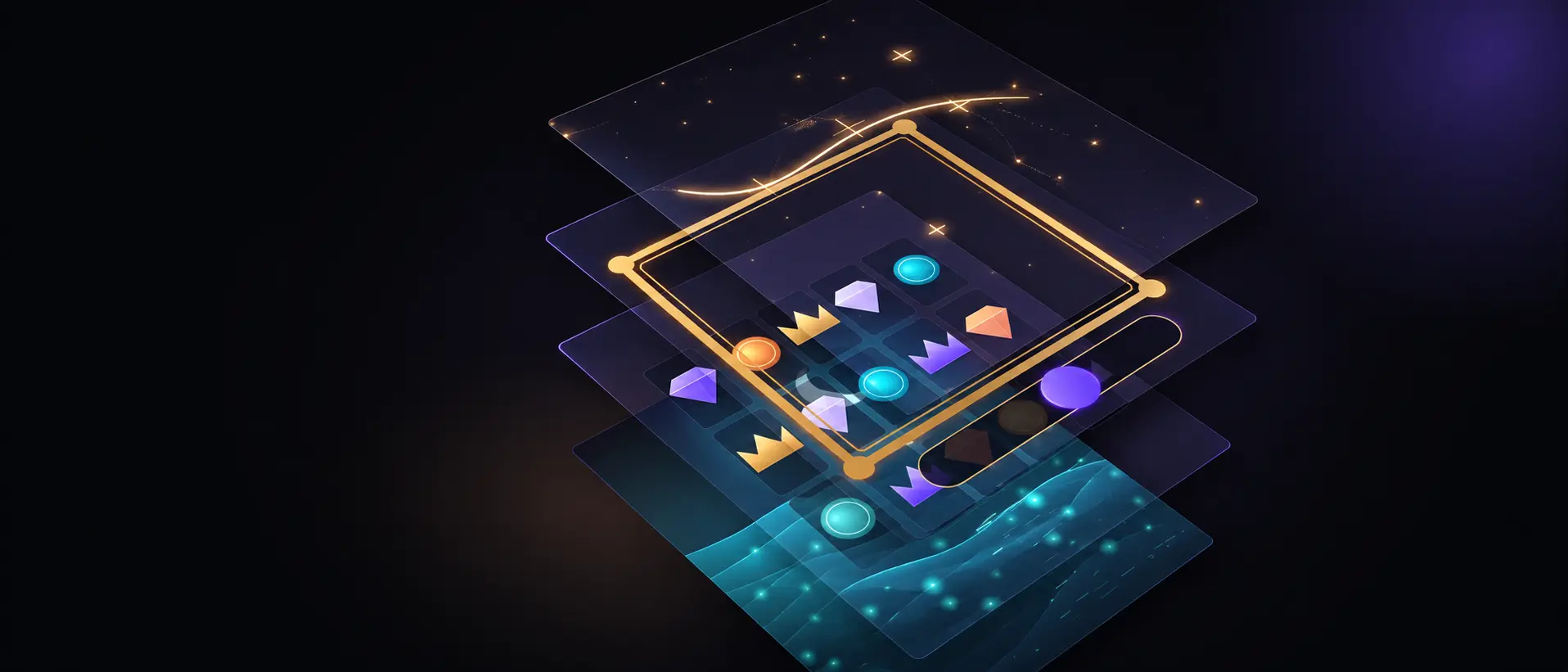 The layers of a slot game — background, reel frame, symbols and interface — stacked into one build.