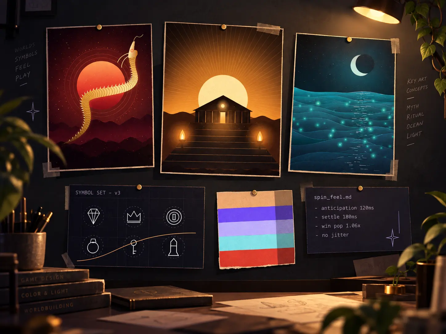 Key art for three original game worlds pinned above a symbol set, palette swatches and timing notes.