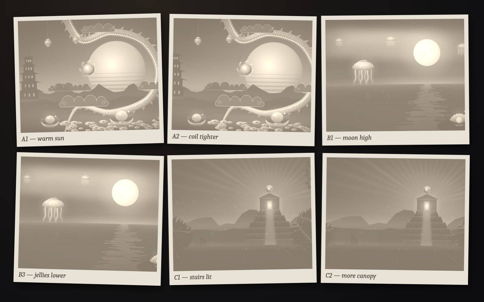 Six pencil and sepia environment studies for a game world, pinned in two rows.