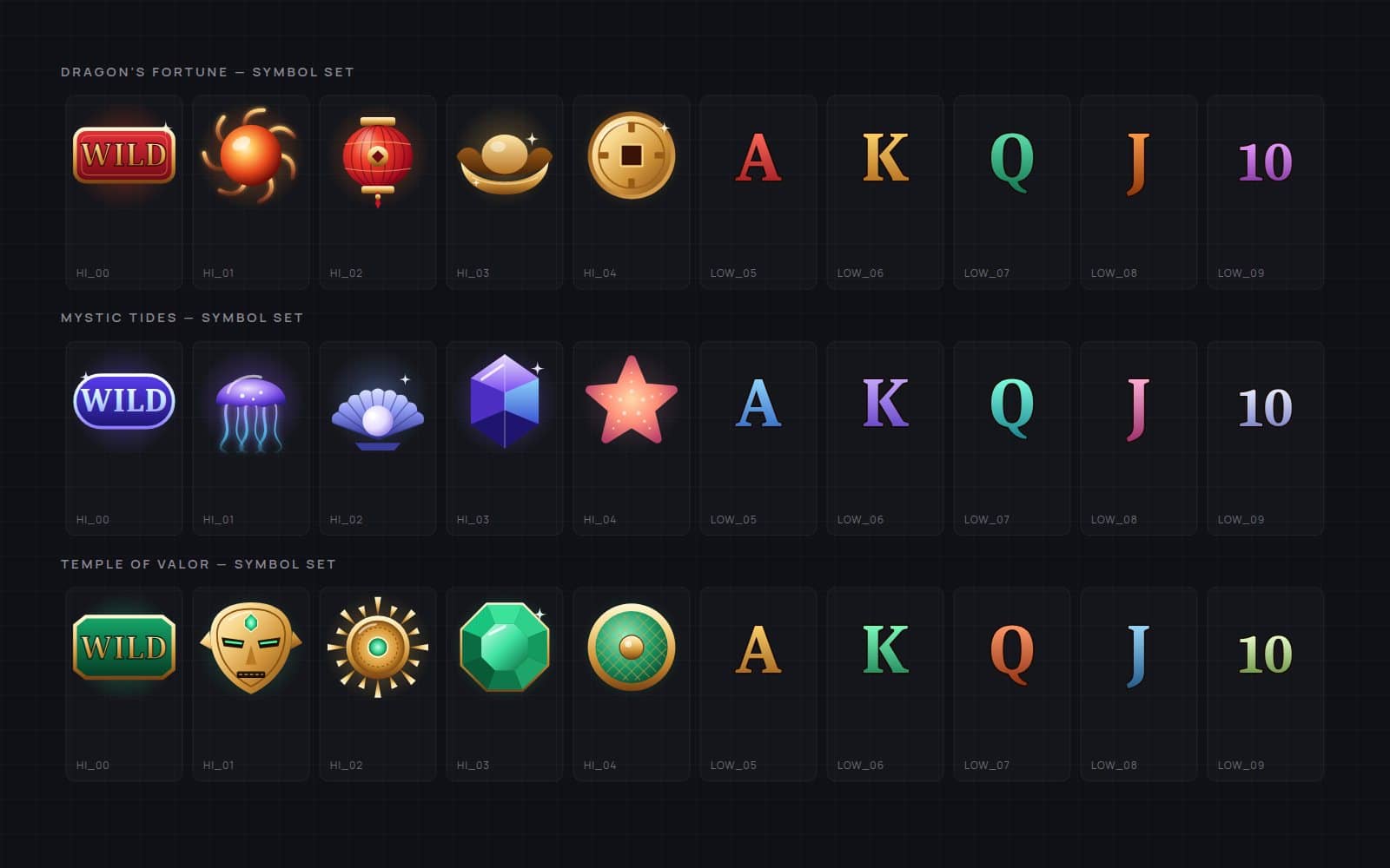 Symbol sheets for three games: wilds, premium symbols and card royals in each world’s style.