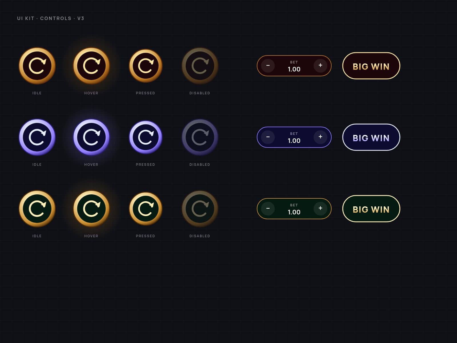 A game UI kit showing spin buttons, bet controls and win banners in three colourways and four states.